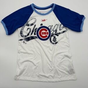 Nike Chicago Cubs MLB Baseball Raglan Ringer T-Shirt Womens Small White And Blue